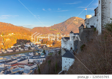 Hohensalzburg Fortress Walls at Sunset, Salzburg, Austria Hohensalzburg Fortress Walls at Sunset, Salzburg, Austria 128503765