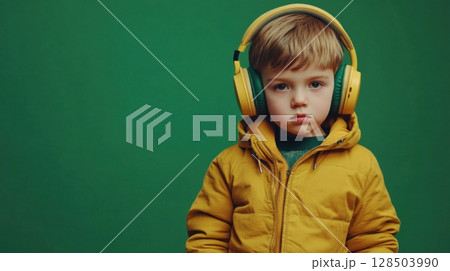 Child Wearing Yellow Jacket and Headphones 128503990