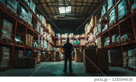 Man Standing in Large Warehouse with Many Cardboard Boxes on She 128504016