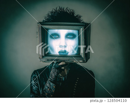 ミステリアスな視線：テレビ画面の人物 128504110