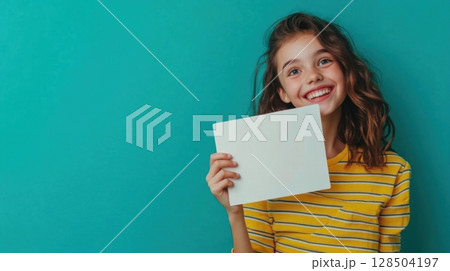 Happy Girl Holding Blank Sign Teal Background 128504197