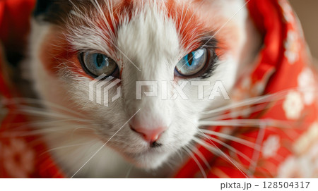 A cat dressed as a geisha, close-up shot, Japanese culture A cat dressed as a geisha, close-up shot, Japanese culture 128504317