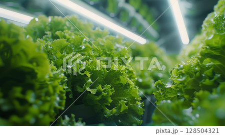 Sustainable vertical agriculture, lettuce growing in a controlled environment, eco-friendly farming concept 128504321