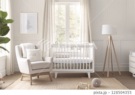 A serene and minimalist nursery designed for baby, white color newborn room interior design 128504355