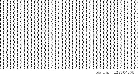 Seamless pattern with hand-drawn vertical wavy lines in black on a white background. Minimalist abstract stripe texture. Vector design for backgrounds and prints. 128504379
