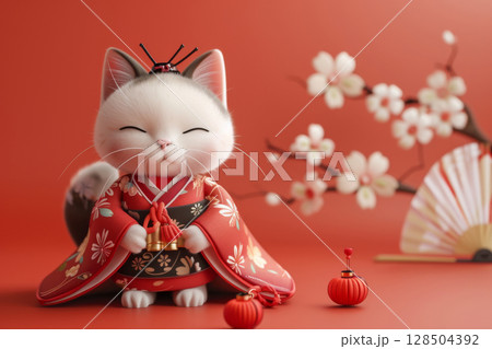 Cute and elegant cat geisha in 3D, simple backdrop with sakura cherry blossom in spring 128504392