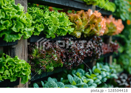 Sustainable vertical agriculture, lettuce growing in a controlled environment, eco-friendly farming concept 128504418