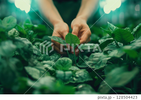 Farmerr hands gathering fresh hydroponic produce from a greenhouse in organic farm, smart farming concept 128504423
