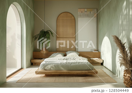 A bedroom with a minimalist approach, featuring organic materials in a green and white palette 128504449