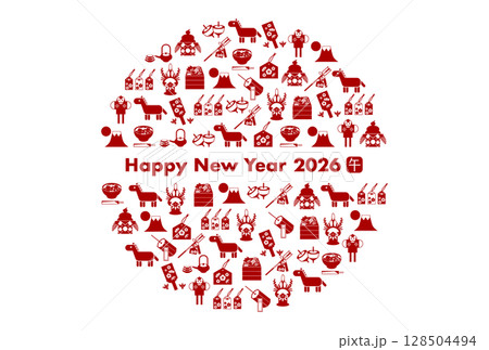 お正月と馬アイコンの2026年午年年賀状(円形) お正月と馬アイコンの2026年午年年賀状(円形) 128504494