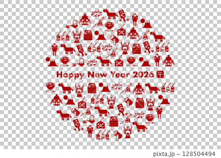 2026 Year of the Horse New Year's card with New Year's and horse icon (circular) 128504494