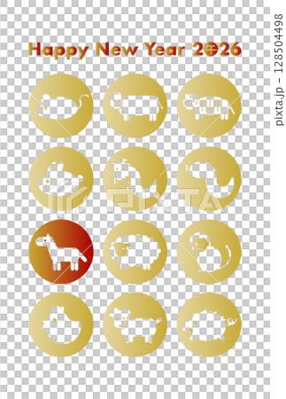 2026 年馬年新年賀卡插圖，包含 12 個生肖圖標 128504498