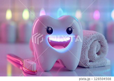 Super kawaii tooth, 3D cartoon happy character, simple cute design Super kawaii tooth, 3D cartoon happy character, simple cute design 128504508