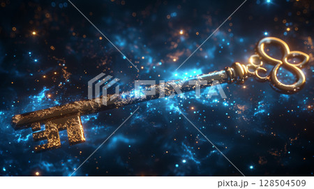 An ornate golden key floating in zero gravity, bathed in blue light, highlighting its age-old mysteries against the backdrop of distant galaxy An ornate golden key floating in zero gravity, bathed in blue light, highlighting its age-old mysteries against the backdrop of distant galaxy 128504509