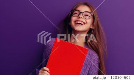 Happy Girl with Red Book and Glasses 128504603