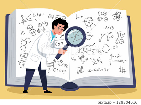 A scientist with a large magnifying glass studies formulas in a book A scientist with a large magnifying glass studies formulas in a book 128504616