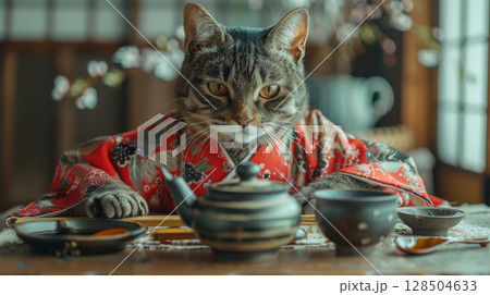 The artistic elegance of a cat dressed as a geisha, beauty of a Japanese culture The artistic elegance of a cat dressed as a geisha, beauty of a Japanese culture 128504633