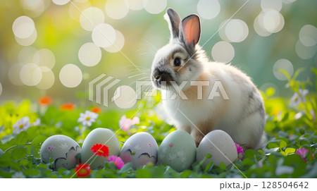 Easter bunny rabbit and Easter eggs on green grass field in dreamy springtime 128504642