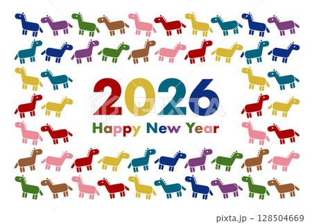 カラフルな馬模様の2026年午年年賀状イラスト カラフルな馬模様の2026年午年年賀状イラスト 128504669