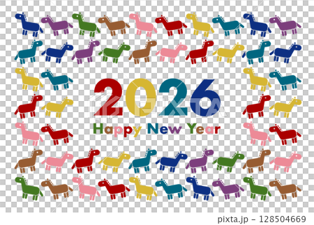 カラフルな馬模様の2026年午年年賀状イラスト カラフルな馬模様の2026年午年年賀状イラスト 128504669