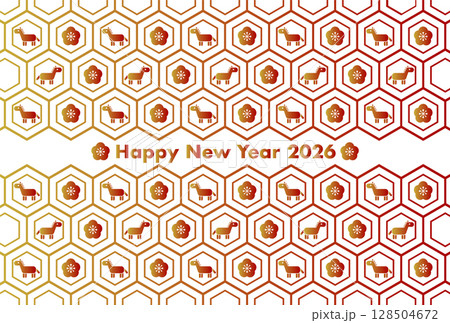 お正月と馬アイコンの2026年午年年賀状(亀甲模様) お正月と馬アイコンの2026年午年年賀状(亀甲模様) 128504672