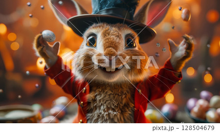 Magic of Easter, with a bunny magician and Easter eggs 128504679