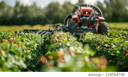 Robotics meet agriculture, a close-up on automated harvesters in action, redefining efficiency and productivity on the farm 128504736