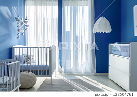 A warm and minimalist welcoming blue nursery designed for baby, newborn bedroom A warm and minimalist welcoming blue nursery designed for baby, newborn bedroom 128504761