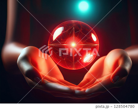 手のひらに浮かぶ抽象的な赤色の球体 128504780