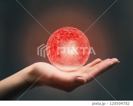 手のひらに浮かぶ抽象的な赤色の球体 手のひらに浮かぶ抽象的な赤色の球体 128504782