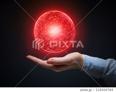 手のひらに浮かぶ抽象的な赤色の球体 手のひらに浮かぶ抽象的な赤色の球体 128504784