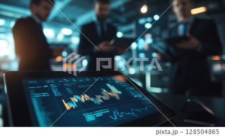business professionals analyzing financial data on tablet 128504865