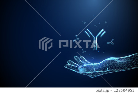 Abstract hand with flying antibodies. Immunotherapy, biomedicine, monoclonal antibody therapy, personalized medicine concept. 128504953