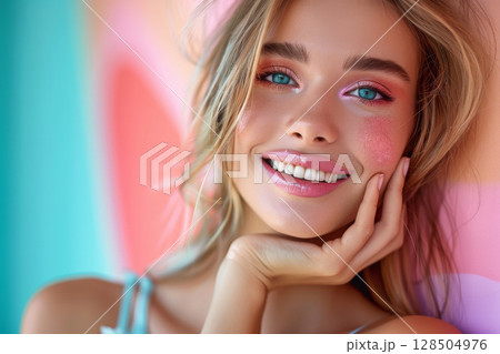 Cute girl enjoying playing with makeup, beautiful, vibrant pastel color palette, close up Cute girl enjoying playing with makeup, beautiful, vibrant pastel color palette, close up 128504976
