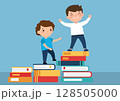 children standing on stacks of books, concept of intellectual growth 128505000