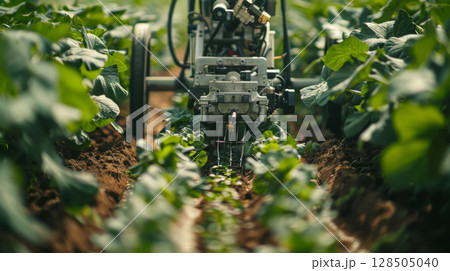 Robotics meet agriculture, a close-up on automated harvesters in action, redefining efficiency and productivity on the farm 128505040