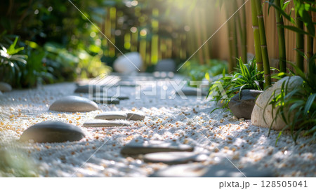The art of Zen garden, close-up of bamboo within a serene Japanese garden, complemented by rocks and white sand 128505041