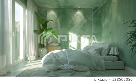 A bedroom with a minimalist approach, featuring organic materials in a green and white palette A bedroom with a minimalist approach, featuring organic materials in a green and white palette 128505056