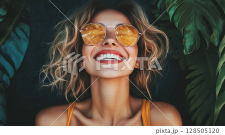 happy woman with sunglasses outdoors 128505120