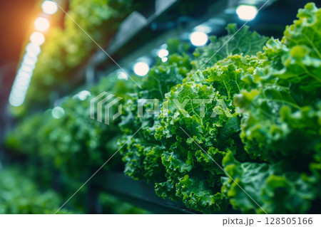 Sustainable vertical agriculture, lettuce growing in a controlled environment, eco-friendly farming concept Sustainable vertical agriculture, lettuce growing in a controlled environment, eco-friendly farming concept 128505166