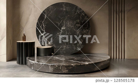 Contemporary podium stand in minimal style with luxurious sleek cream and black marble, sophisticated product display 128505178