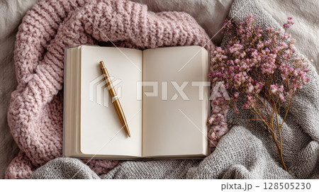 A cozy moment of inspi n with a journal and pen 128505230