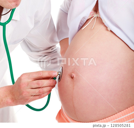 Doctor listens a belly of a pregnant woman, isolated on white background Doctor listens a belly of a pregnant woman, isolated on white background 128505281