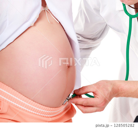 Doctor listens a belly of a pregnant woman, isolated on white background Doctor listens a belly of a pregnant woman, isolated on white background 128505282