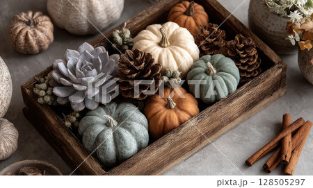 Autumnal Centerpiece with Pumpkins Succulents and Pinecones 128505297