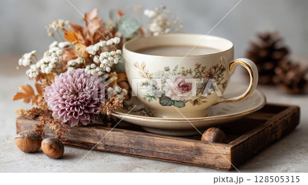 Pastel floral cup on a rustic wooden tray with autumn accents 128505315