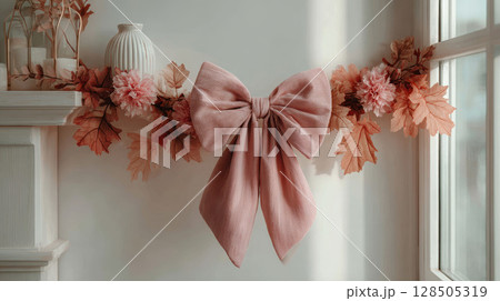 Soft blush bow garland draped on white wall 128505319