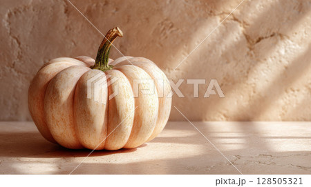Solitary pumpkin on a beige surface 128505321