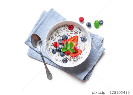 Chia bowl with yogurt and berries isolated on white 128505459