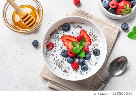 Chia bowl with greek yogurt and fresh berries Chia bowl with greek yogurt and fresh berries 128505516
